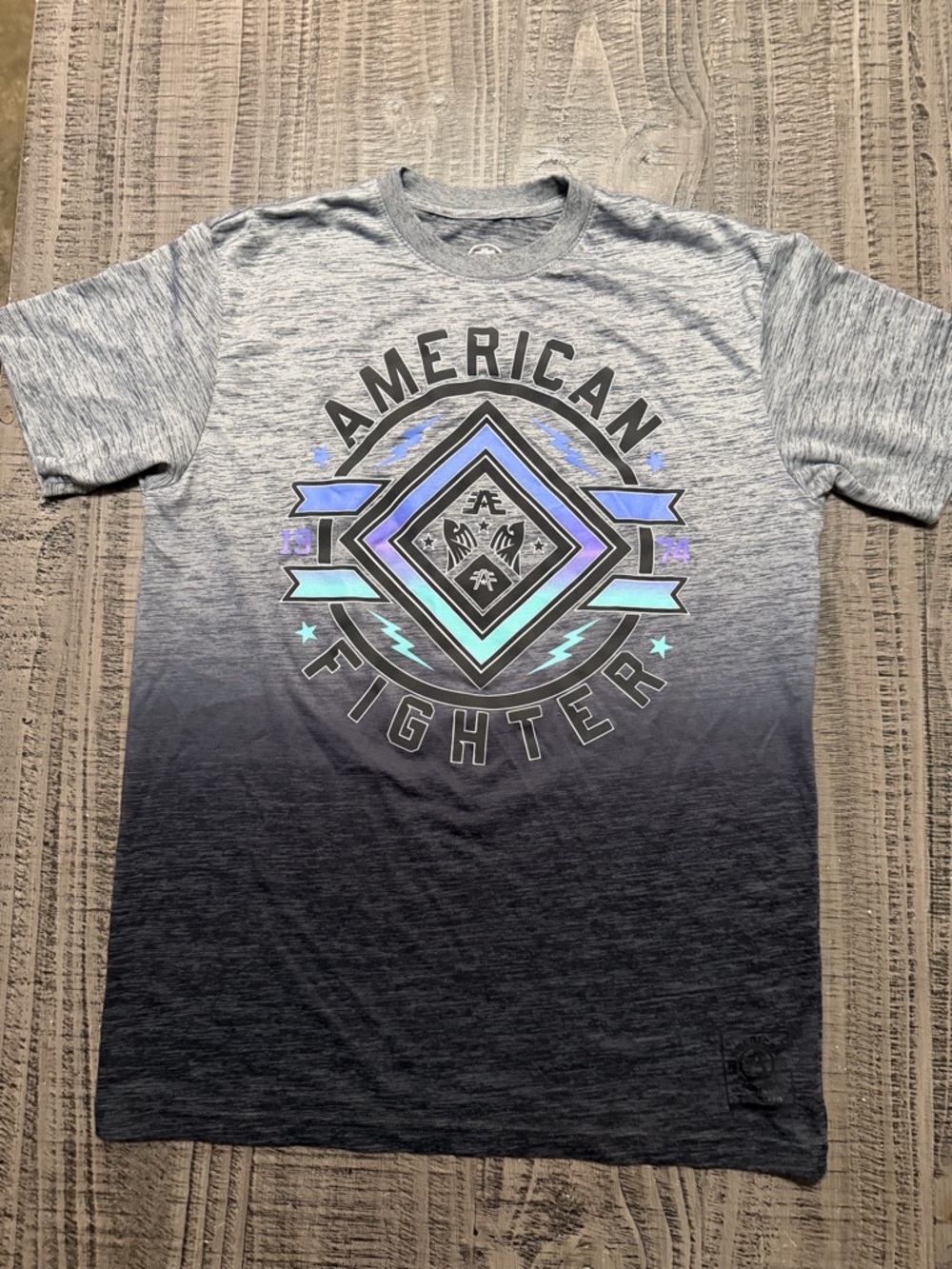 American Fighter Gray to Black Ombre Graphic Tee with Blue-Green Accent